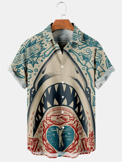 Hawaiian Vintage Shark Print Men's hawaiian Shirt, independence day hawaiian shirt