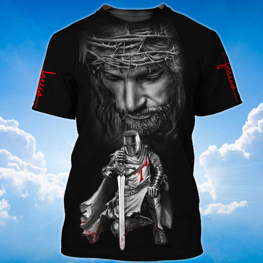 FUNSTUFFPRINT Let Your Faith Be Bigger Than Your Fear Tshirt, Knight Christian Jesus Tshirt 3D T-shirt