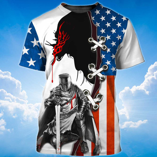 FUNSTUFFPRINT Knight Templar Tshirt Religious 3D Tee Shirt American Flag Pattern 3D T-shirt
