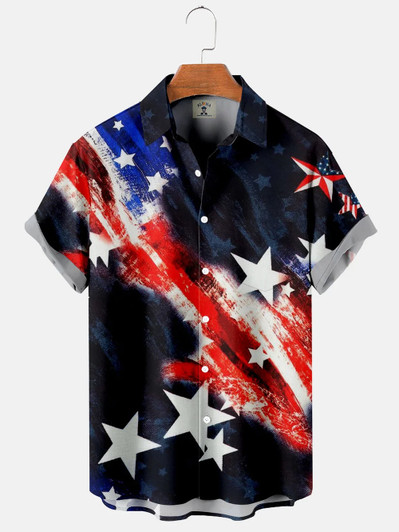 Men's American Flag Star Print Short Sleeve hawaiian Shirt, 4th Of July Hawaiian Shirt