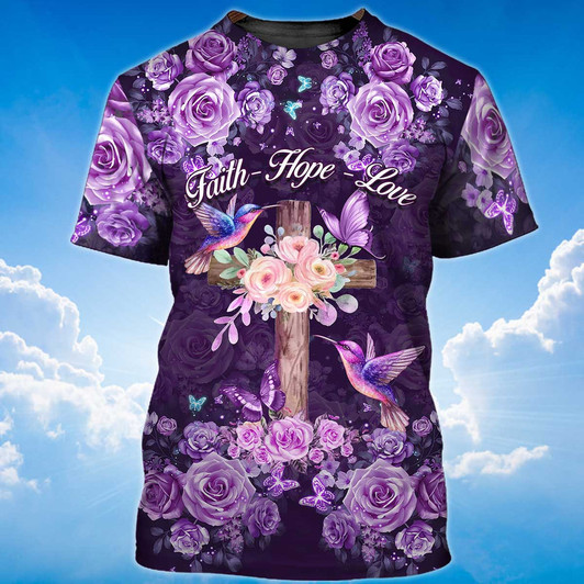 FUNSTUFFPRINT Faith Hope Love T Shirt God Jesus 3D Purple Shirt 3D T-shirt