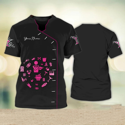 FUNSTUFFPRINT Personalized Women Bartender Shirt Bartender Uniform Female Bartender Gifts 3D T-shirt