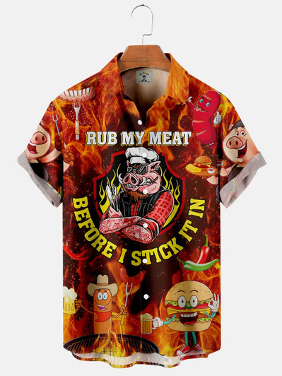 Men'S Hawaiian Rub My Meat Before I Stick It In Fun Flame Print Short Sleeve Shirt