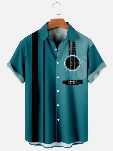 Guitar Stripes Casual Loose Men's Short-Sleeved hawaiian Shirt