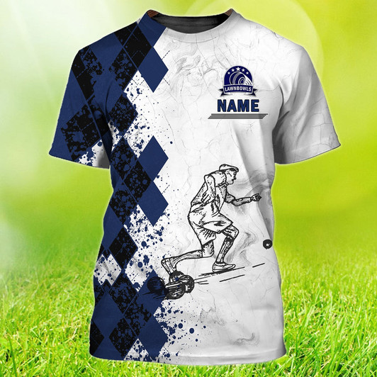 FUNSTUFFPRINT Personalized Old Man Plays Lawn Bowls Blue Navy 3D All Over Printed Shirt Lawn Bowl Gift 3D T-shirt