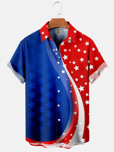 Men's Simple Casual American Flag Line Print Short Sleeve hawaiian Shirt