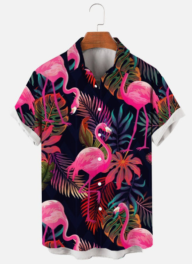 Hawaiian Flamingos Casual Loose Men's Plus Size Short-Sleeved Shirt