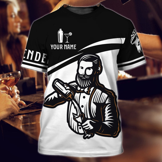 FUNSTUFFPRINT Custom Bartender Shirt For Men Barista Present Old Man Bartender Gifts 3D T-shirt