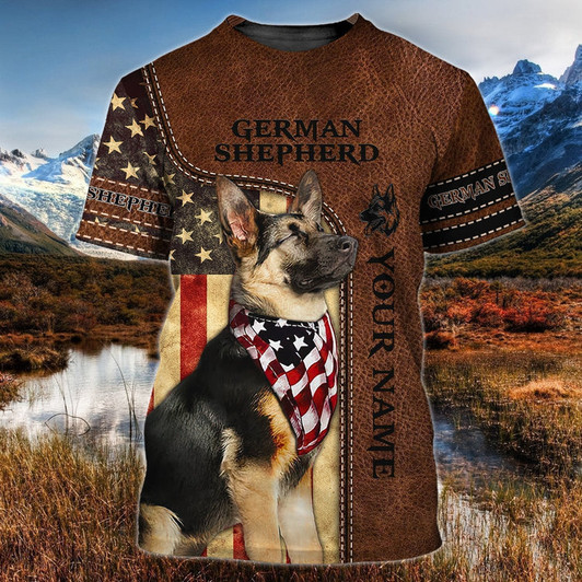 FUNSTUFFPRINT Custom Name 3D T Shirt For German Shepherd Lovers, Dog Shirt Leather Pattern 3D T-shirt