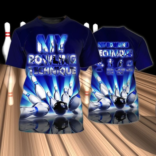 FUNSTUFFPRINT 3D All Over Print Bowling Game T Shirt, Blue Shirt For Bowling Players 3D T-shirt