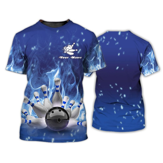 FUNSTUFFPRINT Bowling On Blue Fire 3D Tshirt, Custom Bowling Shirt Men And Women, Bowling Lover Gifts 3D T-shirt