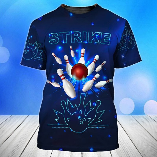 FUNSTUFFPRINT Blue Bowling Shirt Men And Women, Blue Strike Bowling Player Shirt, Men Bowling Shirt 3D T-shirt