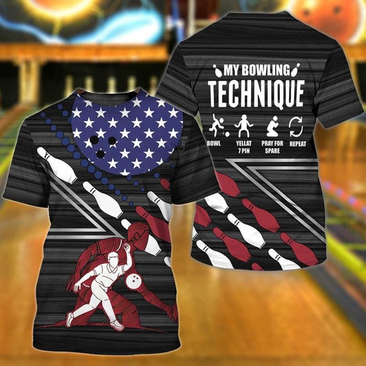 FUNSTUFFPRINT Funny Bowling T Shirt, My Bowling Technique Tshirt, Bowling Player Shirt Men Women 3D T-shirt