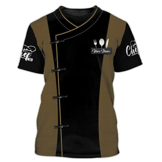 FUNSTUFFPRINT Knot Button Chef Coat 3D Tshirt, Custom Name Chef Shirt 3D T-shirt