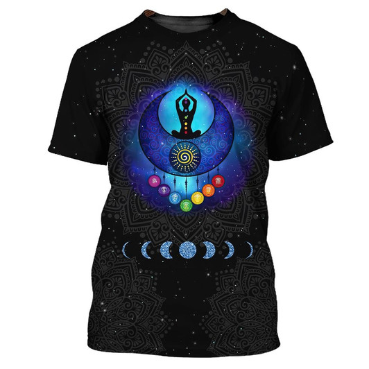 FUNSTUFFPRINT Meditation Girl Seven Chakra Mandala 3D Tshirt, Black Mandala Shirt, Black Hippie T Shirt 3D T-shirt