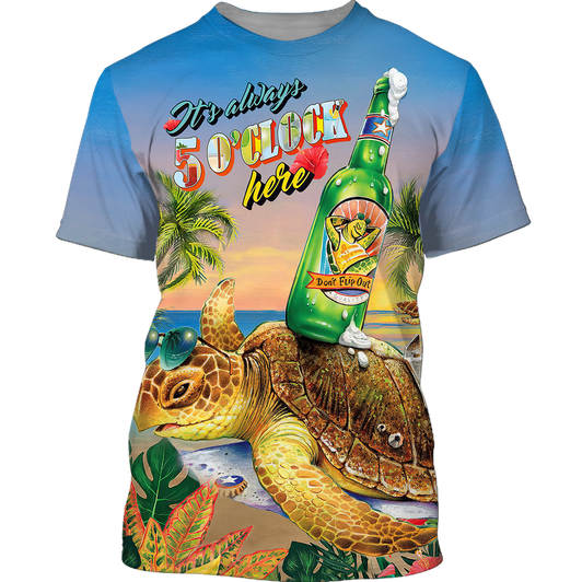 FUNSTUFFPRINT Funny Turtle Beer Summer 3D Shirt, Turtle On The Beach Vacation Shirts For Men Women, Beer Turtle Shirt 3D T-shirt