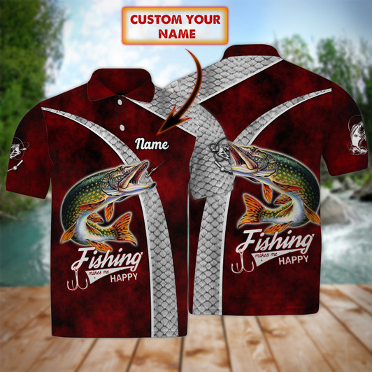 FUNSTUFFPRINT Fishaholic Northern Pike Fishing - Personalized Name 3D Polo Shirt