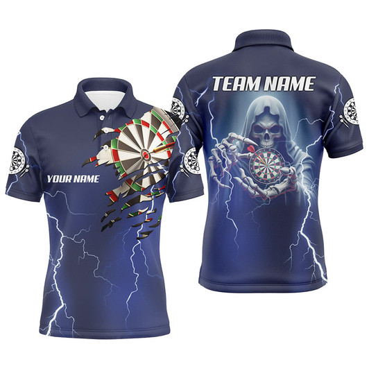 FUNSTUFFPRINT Personalized Skeleton Darts Thunder Lightning Blue 3D Printed Men Dart Polo Shirts, Darts Jersey