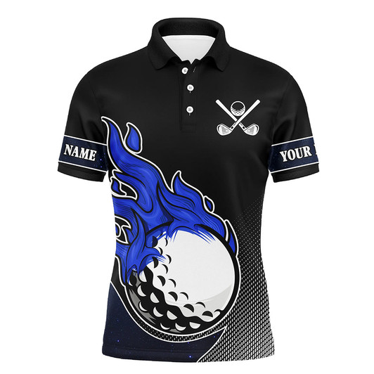 FUNSTUFFPRINT  Black and Blue Flame Golf Ball Fire Mens Golf Polo Shirts custom golf outfit mens best team golf shirt , Polo Shirt Size S-5XL
