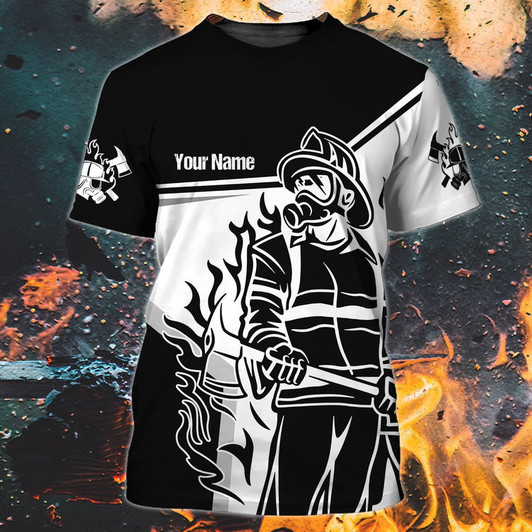 FUNSTUFFPRINT Custom Name Black Sublimation Fire Men Shirt, Firefighter Job T Shirt, Firefighter Husband Gifts 3D T-shirt
