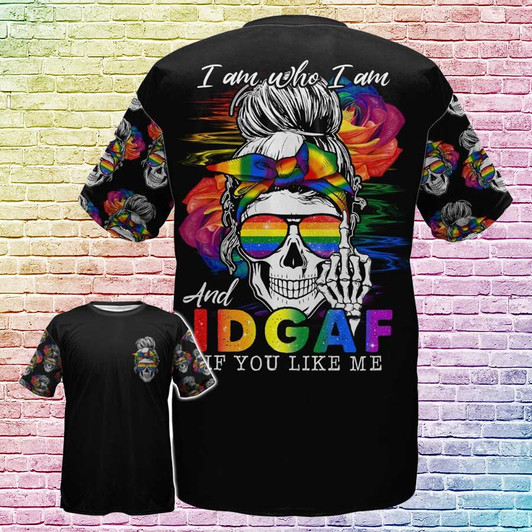FUNSTUFFPRINT Skull Lesbian Shirt For Pride Month, I Am Who I Am And Idgarf if You Like Me, Gay Pride Shirt 3D T-shirt