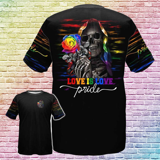 FUNSTUFFPRINT LGBT Skull Pride Rose Love Is Love 3D, LGBT Gift For Her LGBT Gift For Him, Shirt For Pride 3D T-shirt