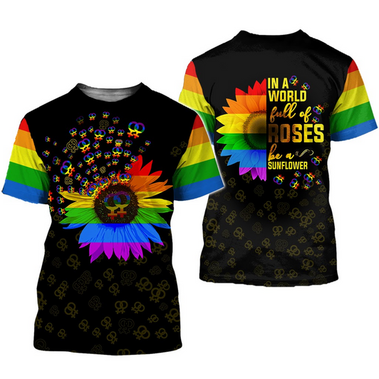 FUNSTUFFPRINT LGBT Pride 3D T Shirt In A World Full Of Rose Be A Sunflower, Apparel Adult Full Print LGBT 3D T-shirt