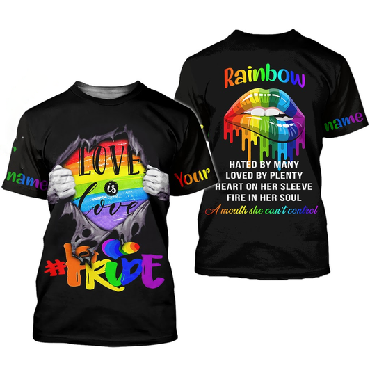 FUNSTUFFPRINT Customized With Name Rainbow Lips 3D LGBT Shirt, Pride Love Is Love, Support LGBT Gift 3D T-shirt