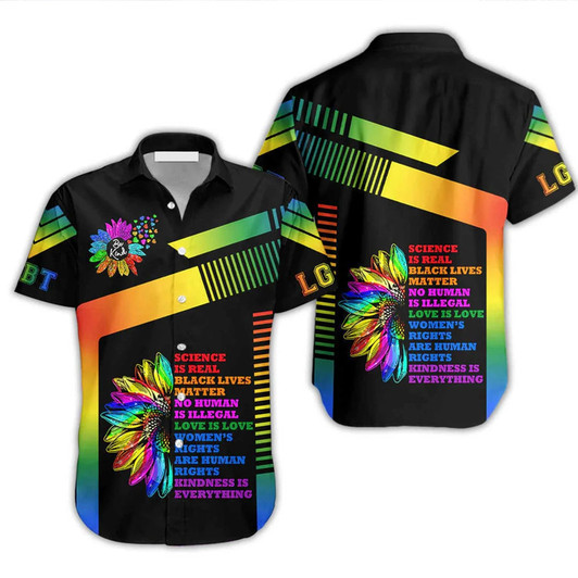 LGBT Aloha Hawaiian Shirts For Summer, Sunflower Trans Pride Be Kind Rainbow Colorful LGBT Hawaiian Shirts