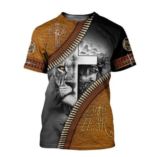 FUNSTUFFPRINT Faith Over Fear 3D All Over Printed Hoodie, Sublimation Jesus Lion Shirt, American Jesus 3D Tee Shirts 3D T-shirt