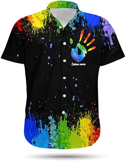 Custom LGBT Custom Name Aloha Hawaiian Shirts For Summer, Personalized Hand Rainbow Paint Colorful LGBT Hawaiian Shirts