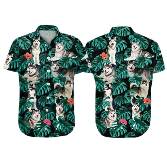 usky Dog Aloha Hawaiian Shirt - Funny Husky Dog Pet Hawaiian Shirt, Tropical Leaves Pattern Hawaiian Shirt For Men