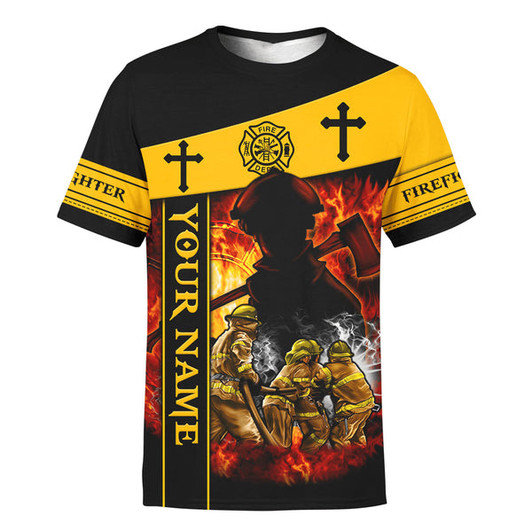 FUNSTUFFPRINT God Bless Our Firefighter One And All Keep Them Safe On Every Call - Christian 3d Shirts For Men Women - Custom Name T-Shirt 3D T-shirt