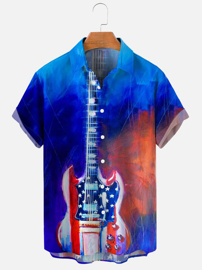 Independence Day American Flag Guitar Men's hawaiian Shirts for men and women