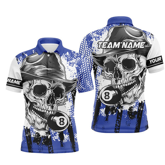 FUNSTUFFPRINT Personalized Blue Billiard Skull Holding 8 Ball Men  Polo Shirt Size S-5XL
