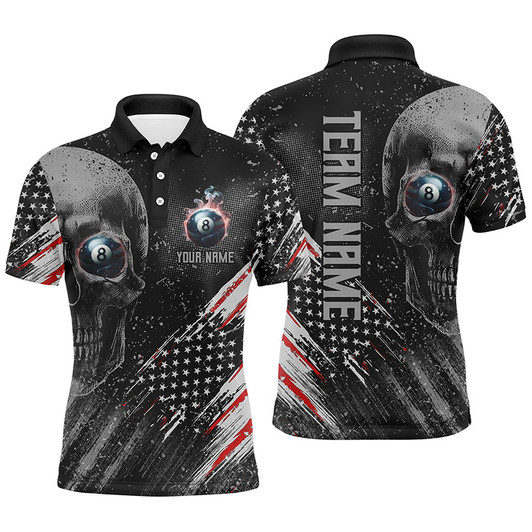 FUNSTUFFPRINT Personalized Billiard Skull 8 Ball Pool Smoke US Flag Men Polo Shirts, Patriotic Billiards Outfit   Polo Shirt Size S-5XL