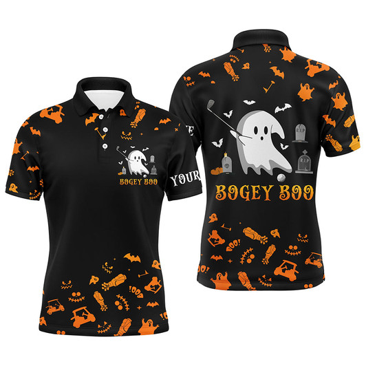 FUNSTUFFPRINT Funny black orange Halloween background mens golf polo shirts custom Bogey Boo mens golf tops   Polo Shirt Size S-5XL