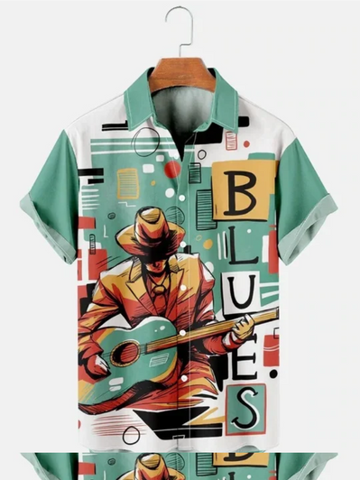 Men'S Casual Simple Blues Music Guitar Print Short Sleeve Hawaiian Shirt