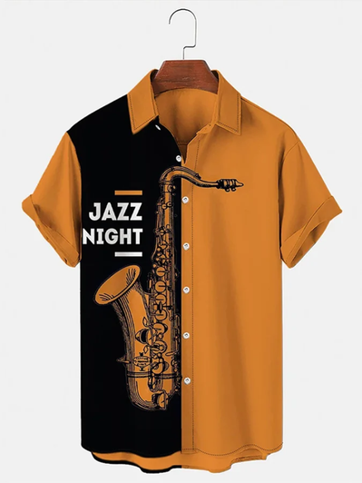 Fashionable Jazz Musical Instrument Print Color Contrast Men'S Shirt, Summer Gift For Women, Men