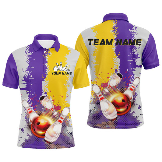 FUNSTUFFPRINT Yellow and Purple Camo Bowling  Polo Shirt Size S-5XL