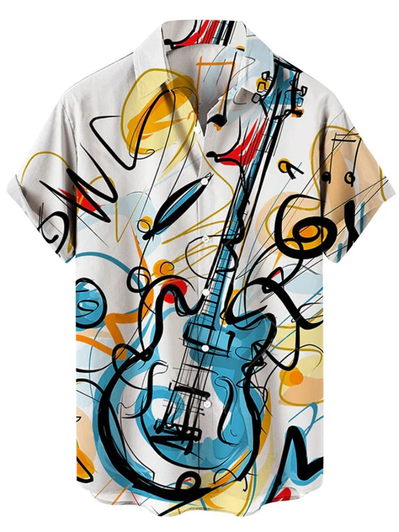Men's Printed Cardigan Casual Lapel Short-sleeved hawaiian Shirt, Guitar hawaiian shirt, Summer Gift For Women, Men