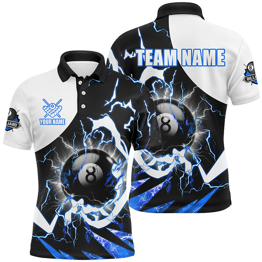 FUNSTUFFPRINT Personalized 8 Ball Pool Men Billiard Polo Shirt Custom Lightning Thunder Blue Billiard   Polo Shirt Size S-5XL