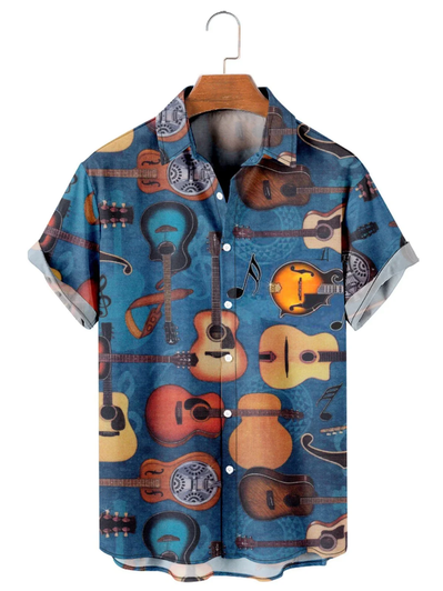 Men'S Vintage Guitar Print Short Sleeve Shirt Hawaiian Shirt for men, guitar aloha shirt, Gift for Guitar lover