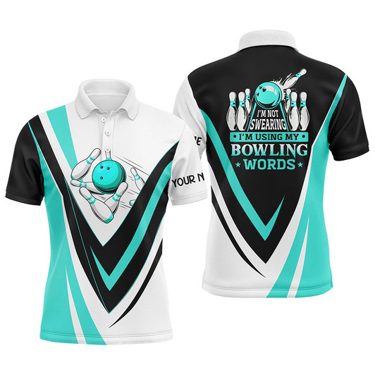 FUNSTUFFPRINT Custom bowling polo shirts for men I'm not swearing, I'm using my bowling words Cyan blue bowl   Polo Shirt Size S-5XL
