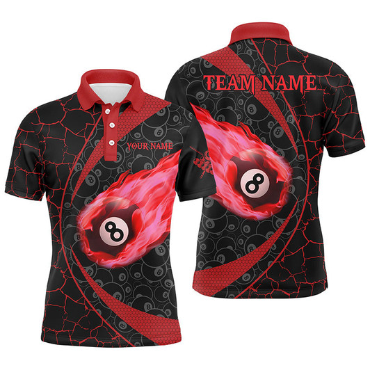 FUNSTUFFPRINT Personalized Black Red Billiard Fire Flame Men Polo Shirts Custom Name 8 Ball Pool Team  Polo Shirt Size S-5XL