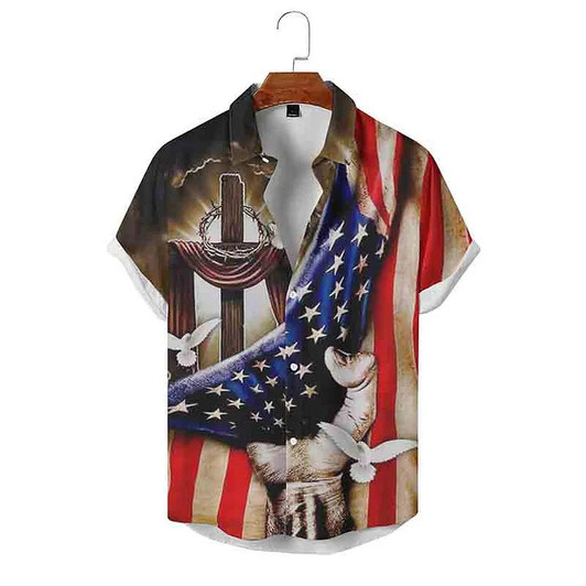 Flag Print Holiday Style Short Sleeve Shirt, Hawaiian shirt for men