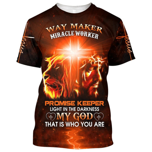 FUNSTUFFPRINT Jesus And Lion Way Maker Miracle Worker Promise Keeper Light 3d All Over Print Shirt - Christian 3d Shirts For Men Women 3D T-shirt