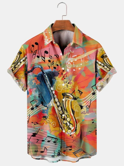 Vacation Leisure Music Element Pattern Hawaiian Style Printed Shirt Top, Hawaiian shirt for men