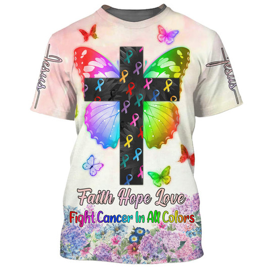 FUNSTUFFPRINT Butterfly Cross Faith Hope Love Fight Cancer In All Colors 3d Shirts - Christian T Shirts For Men And Women
 3D T-shirt