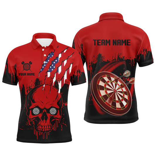 FUNSTUFFPRINT  Black Red Dart Skull US Flag Men Darts Polo Shirts Custom Patriotic Darts  Polo Shirt Size S-5XL